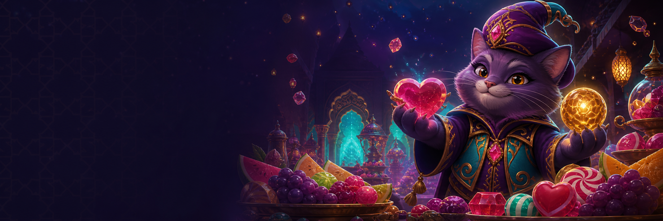 Wizard cat presenting magical candy treasures in the ZamZam night bazaar