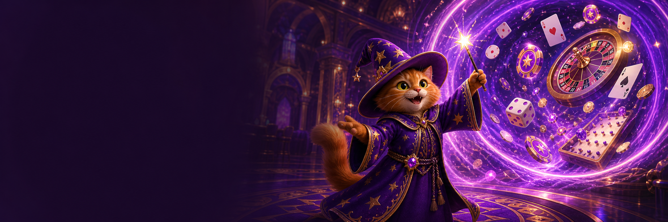 Wizard cat opening a magical portal filled with casino games