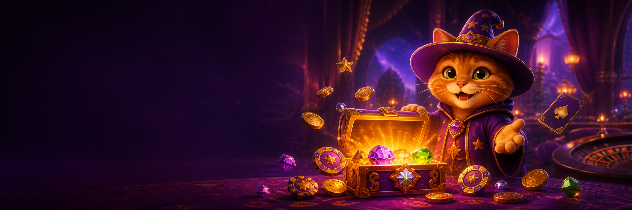 Wizard cat presenting a glowing chest of daily rewards