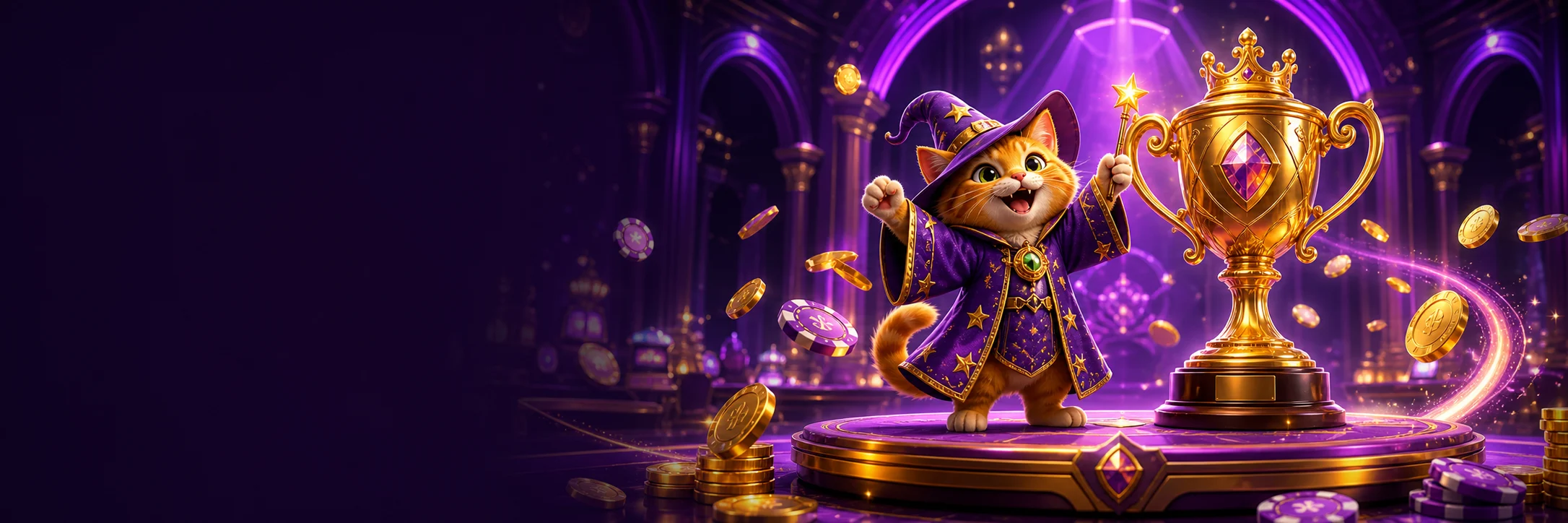 Wizard cat celebrating beside a golden tournament trophy