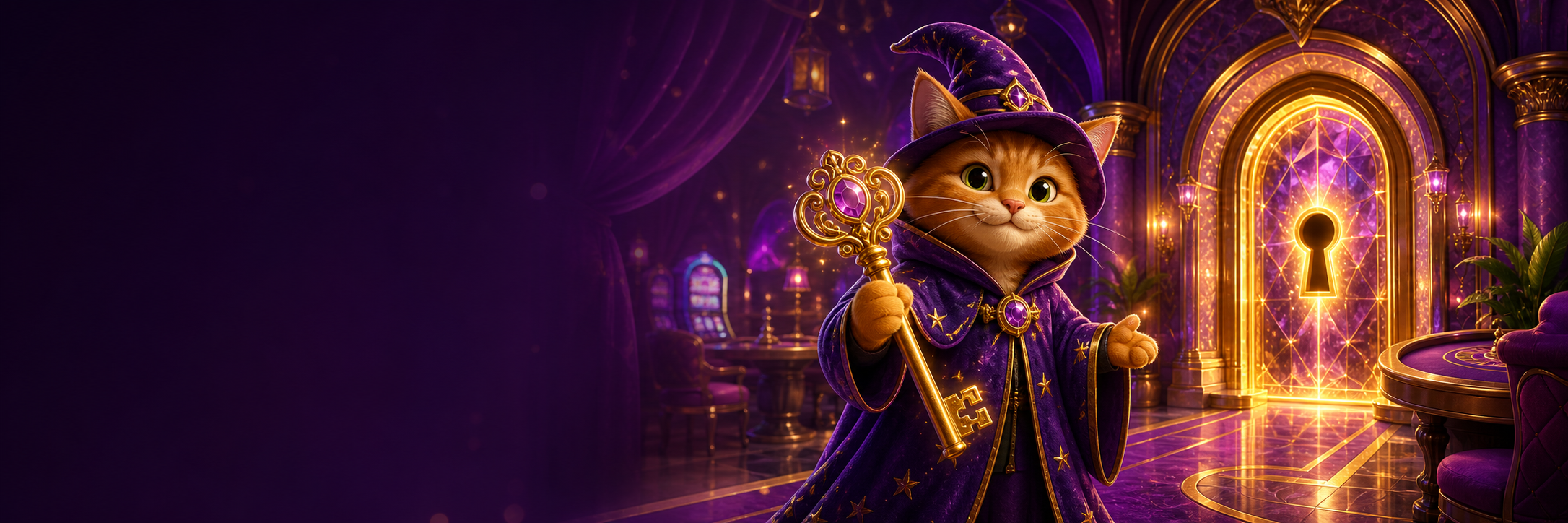 Wizard cat holding a golden key beside a magical VIP doorway